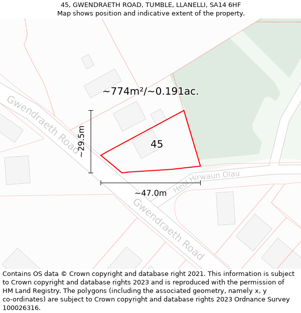 45, GWENDRAETH ROAD, TUMBLE, LLANELLI, SA14 6HF: Plot and title map