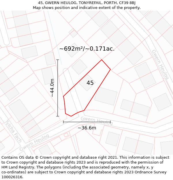 45, GWERN HEULOG, TONYREFAIL, PORTH, CF39 8BJ: Plot and title map