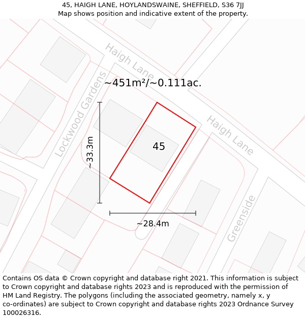 45, HAIGH LANE, HOYLANDSWAINE, SHEFFIELD, S36 7JJ: Plot and title map