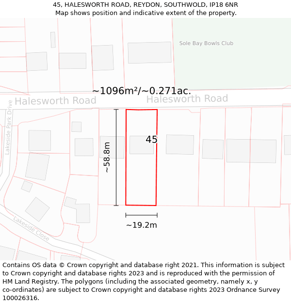 45, HALESWORTH ROAD, REYDON, SOUTHWOLD, IP18 6NR: Plot and title map