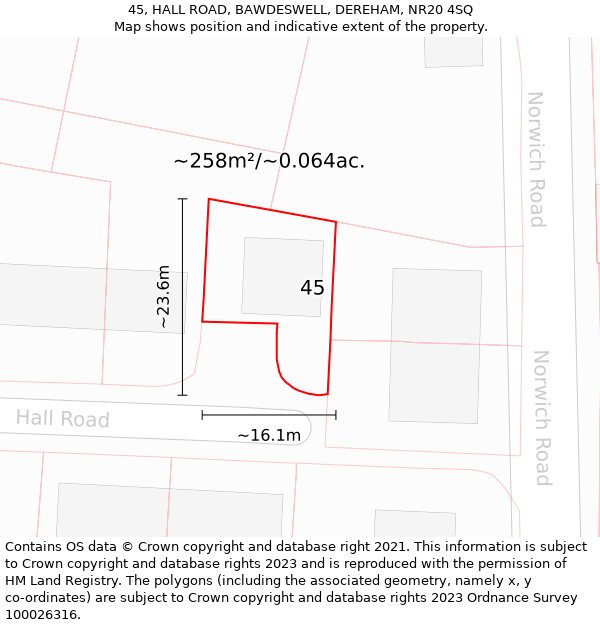 45, HALL ROAD, BAWDESWELL, DEREHAM, NR20 4SQ: Plot and title map