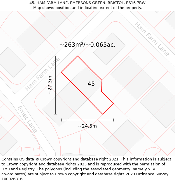 45, HAM FARM LANE, EMERSONS GREEN, BRISTOL, BS16 7BW: Plot and title map