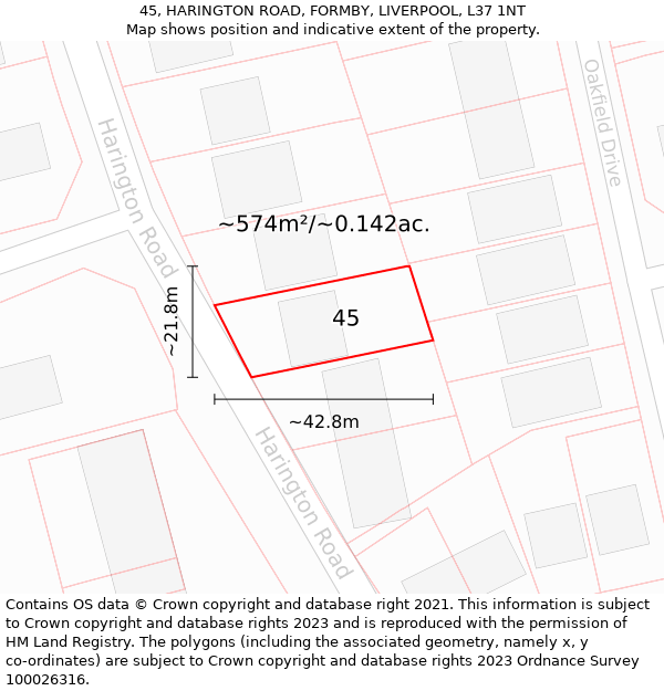 45, HARINGTON ROAD, FORMBY, LIVERPOOL, L37 1NT: Plot and title map