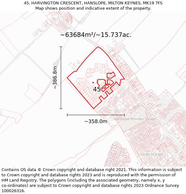 45, HARVINGTON CRESCENT, HANSLOPE, MILTON KEYNES, MK19 7FS: Plot and title map