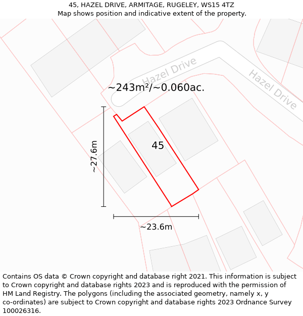 45, HAZEL DRIVE, ARMITAGE, RUGELEY, WS15 4TZ: Plot and title map