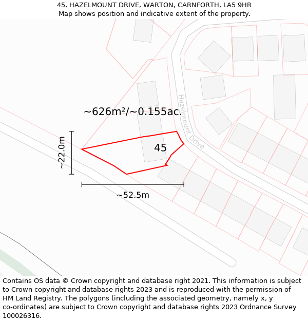 45, HAZELMOUNT DRIVE, WARTON, CARNFORTH, LA5 9HR: Plot and title map