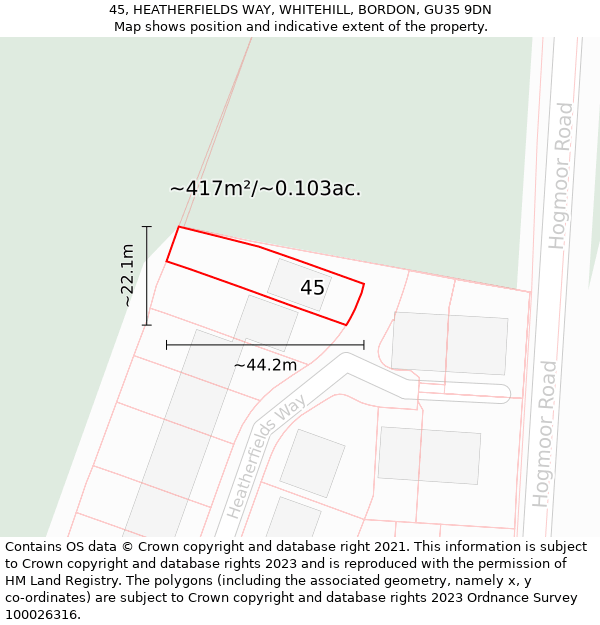 45, HEATHERFIELDS WAY, WHITEHILL, BORDON, GU35 9DN: Plot and title map