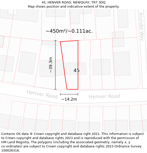 45, HENVER ROAD, NEWQUAY, TR7 3DQ: Plot and title map