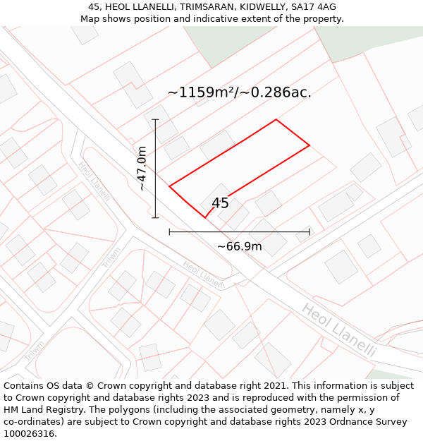 45, HEOL LLANELLI, TRIMSARAN, KIDWELLY, SA17 4AG: Plot and title map
