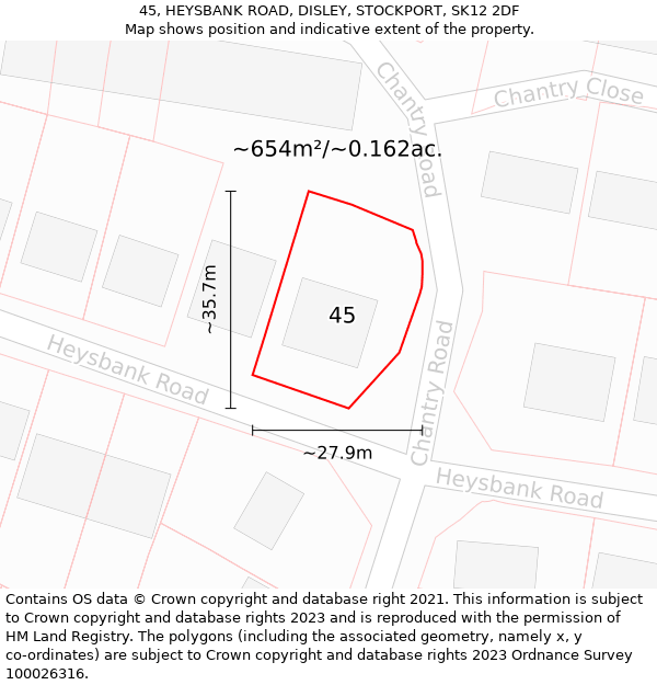 45, HEYSBANK ROAD, DISLEY, STOCKPORT, SK12 2DF: Plot and title map