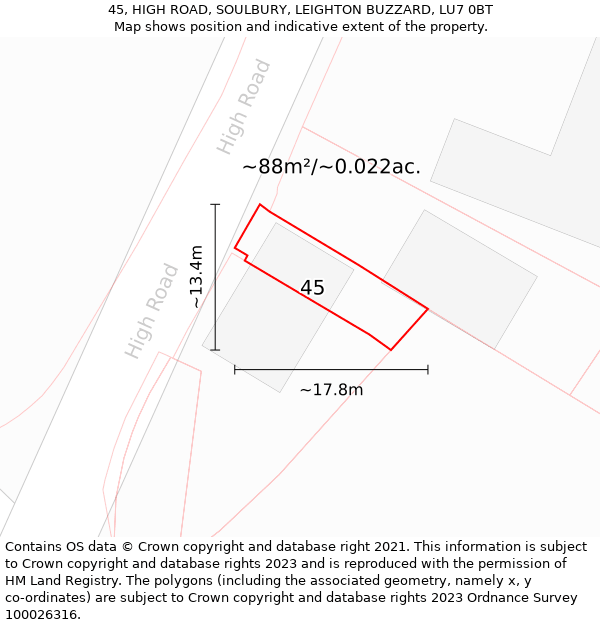 45, HIGH ROAD, SOULBURY, LEIGHTON BUZZARD, LU7 0BT: Plot and title map