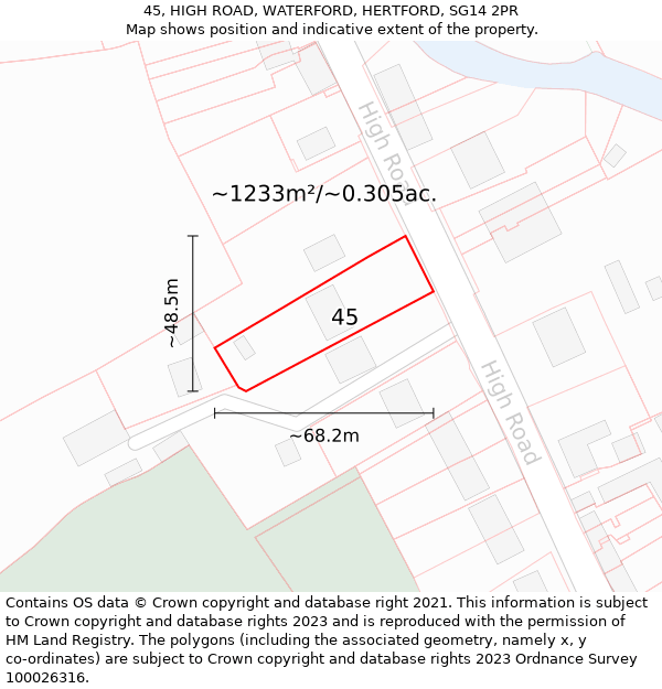 45, HIGH ROAD, WATERFORD, HERTFORD, SG14 2PR: Plot and title map