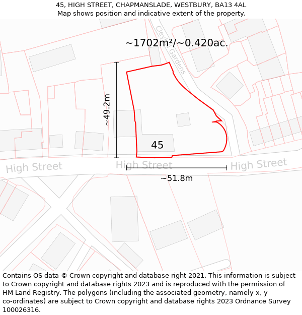 45, HIGH STREET, CHAPMANSLADE, WESTBURY, BA13 4AL: Plot and title map