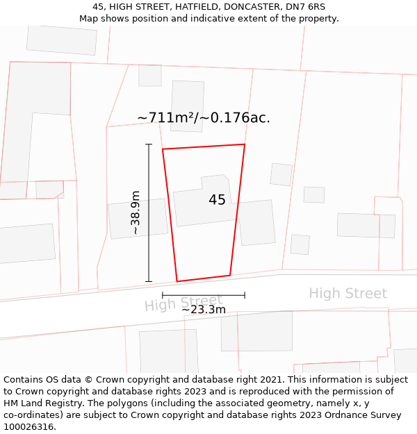 45, HIGH STREET, HATFIELD, DONCASTER, DN7 6RS: Plot and title map