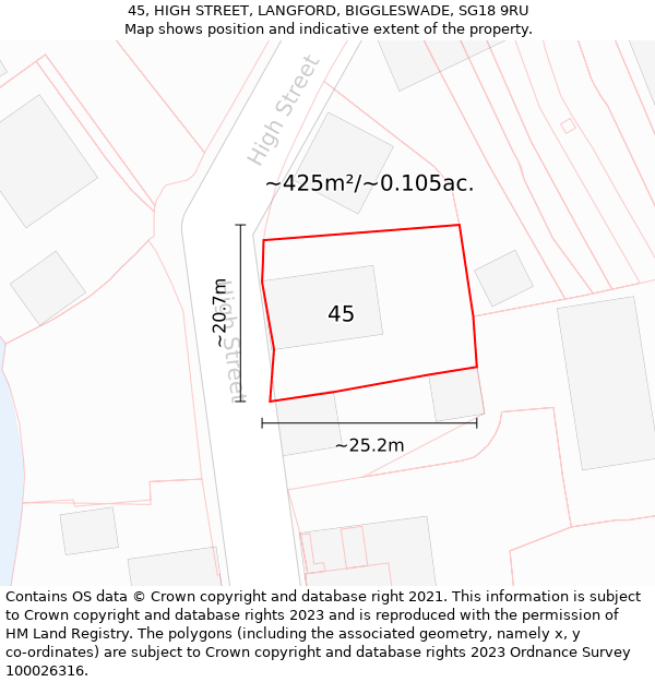 45, HIGH STREET, LANGFORD, BIGGLESWADE, SG18 9RU: Plot and title map