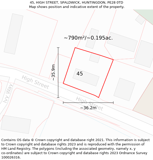 45, HIGH STREET, SPALDWICK, HUNTINGDON, PE28 0TD: Plot and title map