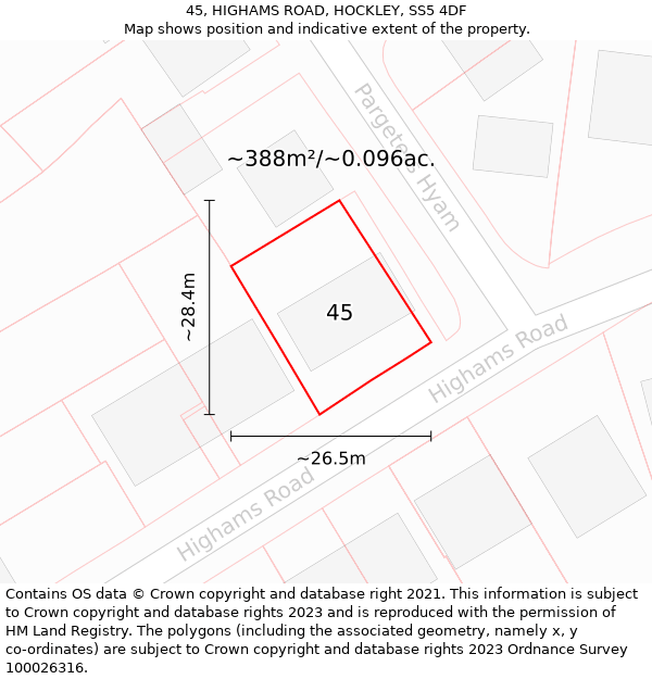 45, HIGHAMS ROAD, HOCKLEY, SS5 4DF: Plot and title map