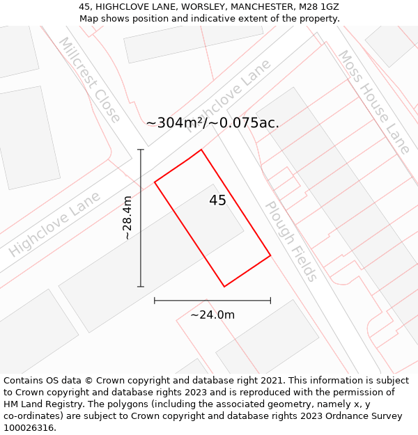 45, HIGHCLOVE LANE, WORSLEY, MANCHESTER, M28 1GZ: Plot and title map