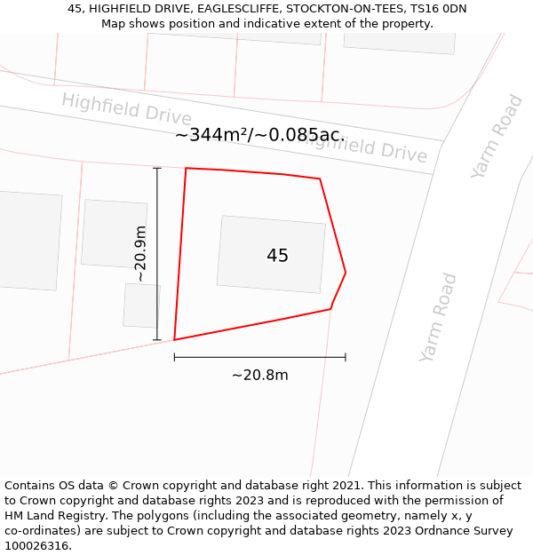 45, HIGHFIELD DRIVE, EAGLESCLIFFE, STOCKTON-ON-TEES, TS16 0DN: Plot and title map