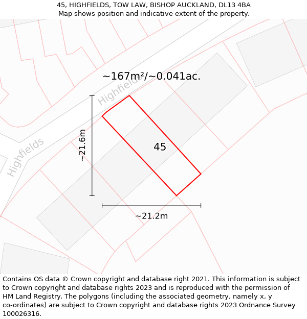 45, HIGHFIELDS, TOW LAW, BISHOP AUCKLAND, DL13 4BA: Plot and title map