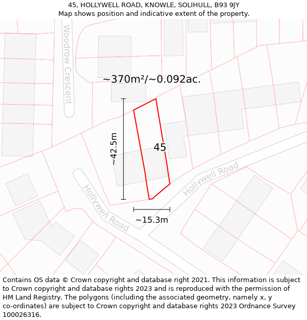 45, HOLLYWELL ROAD, KNOWLE, SOLIHULL, B93 9JY: Plot and title map