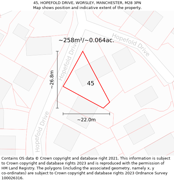 45, HOPEFOLD DRIVE, WORSLEY, MANCHESTER, M28 3PN: Plot and title map