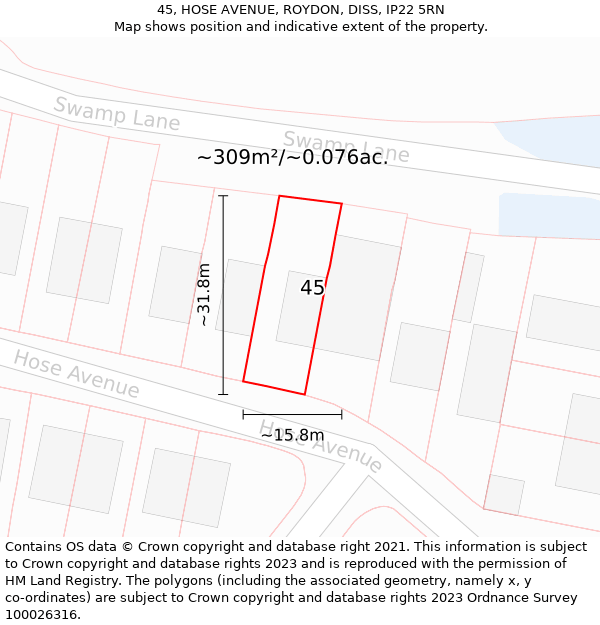 45, HOSE AVENUE, ROYDON, DISS, IP22 5RN: Plot and title map