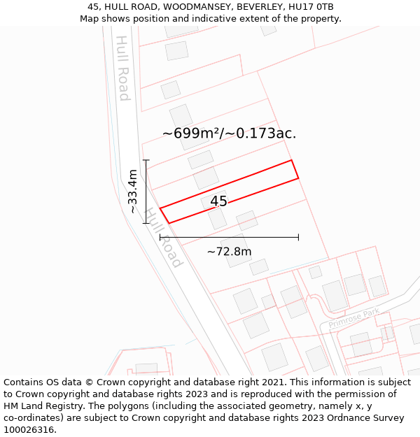 45, HULL ROAD, WOODMANSEY, BEVERLEY, HU17 0TB: Plot and title map
