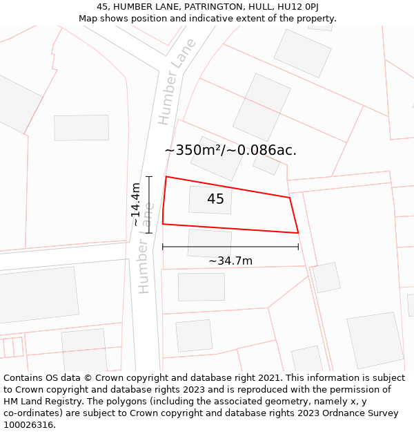 45, HUMBER LANE, PATRINGTON, HULL, HU12 0PJ: Plot and title map