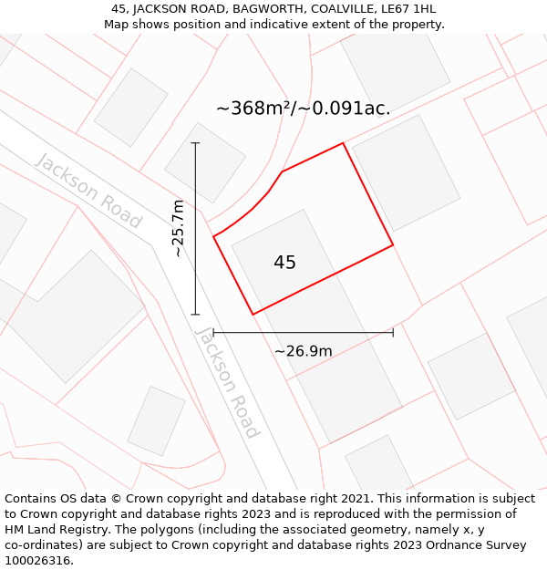 45, JACKSON ROAD, BAGWORTH, COALVILLE, LE67 1HL: Plot and title map