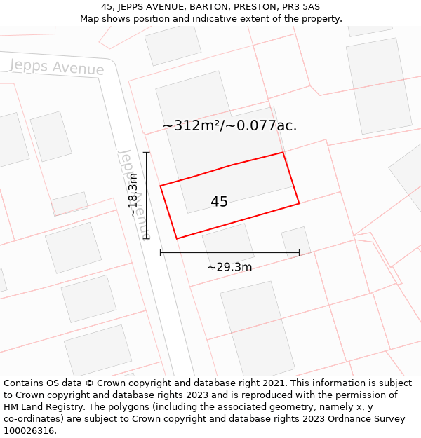 45, JEPPS AVENUE, BARTON, PRESTON, PR3 5AS: Plot and title map