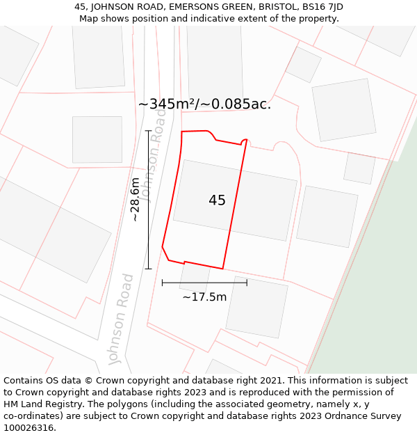 45, JOHNSON ROAD, EMERSONS GREEN, BRISTOL, BS16 7JD: Plot and title map