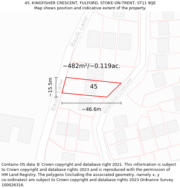 45, KINGFISHER CRESCENT, FULFORD, STOKE-ON-TRENT, ST11 9QE: Plot and title map