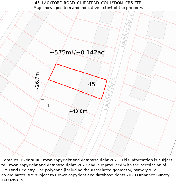 45, LACKFORD ROAD, CHIPSTEAD, COULSDON, CR5 3TB: Plot and title map