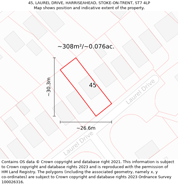 45, LAUREL DRIVE, HARRISEAHEAD, STOKE-ON-TRENT, ST7 4LP: Plot and title map