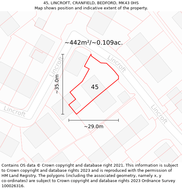 45, LINCROFT, CRANFIELD, BEDFORD, MK43 0HS: Plot and title map