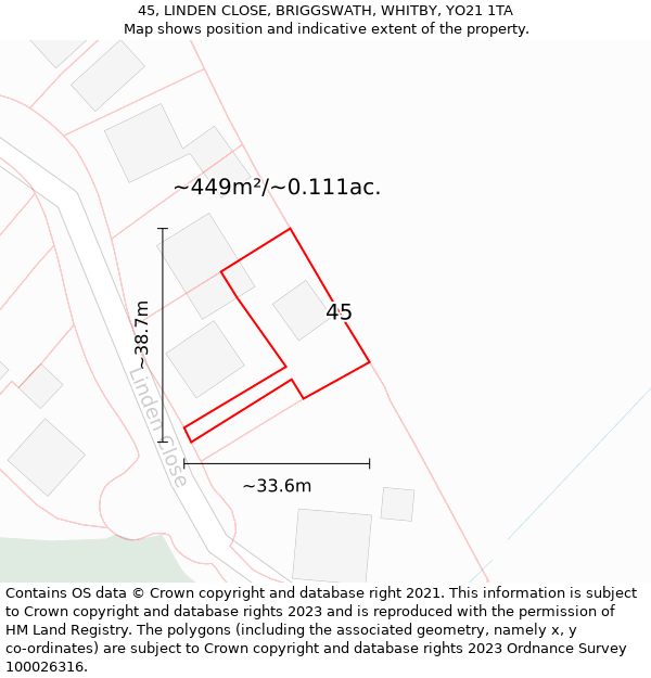 45, LINDEN CLOSE, BRIGGSWATH, WHITBY, YO21 1TA: Plot and title map