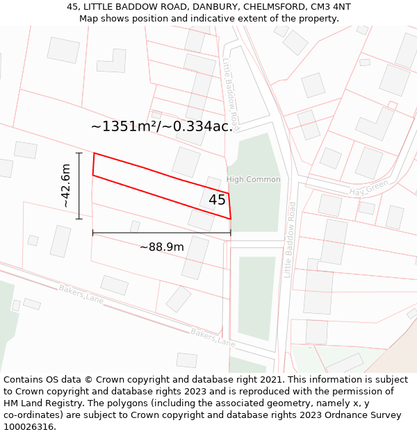 45, LITTLE BADDOW ROAD, DANBURY, CHELMSFORD, CM3 4NT: Plot and title map