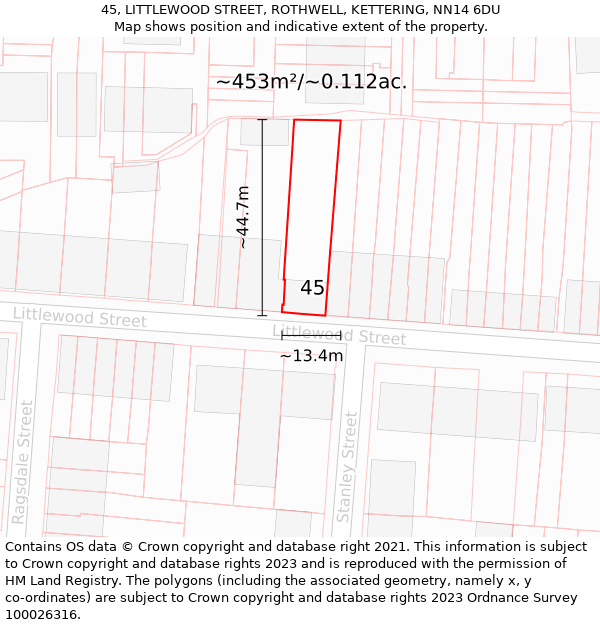 45, LITTLEWOOD STREET, ROTHWELL, KETTERING, NN14 6DU: Plot and title map