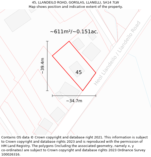 45, LLANDEILO ROAD, GORSLAS, LLANELLI, SA14 7LW: Plot and title map