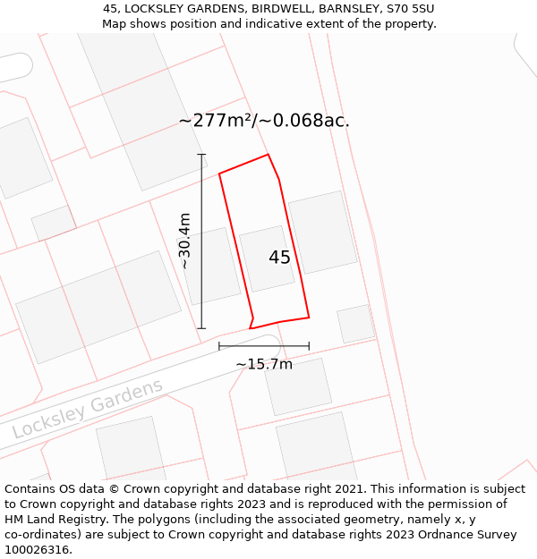 45, LOCKSLEY GARDENS, BIRDWELL, BARNSLEY, S70 5SU: Plot and title map