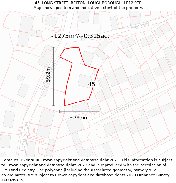 45, LONG STREET, BELTON, LOUGHBOROUGH, LE12 9TP: Plot and title map