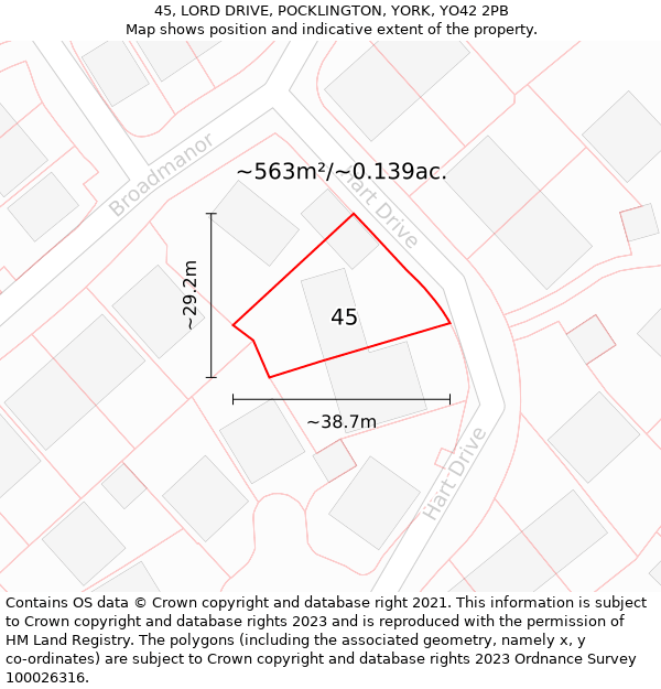 45, LORD DRIVE, POCKLINGTON, YORK, YO42 2PB: Plot and title map