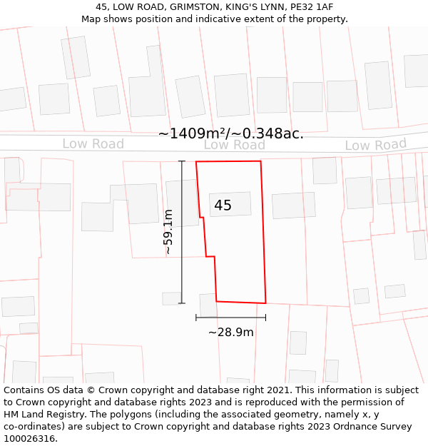 45, LOW ROAD, GRIMSTON, KING'S LYNN, PE32 1AF: Plot and title map