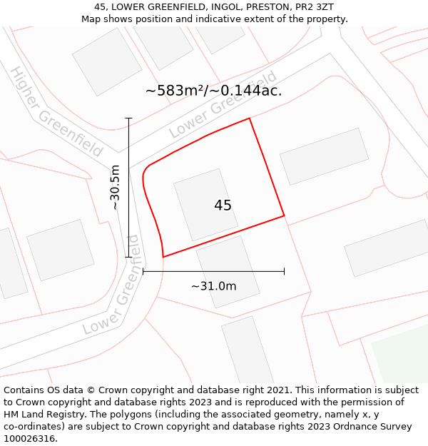 45, LOWER GREENFIELD, INGOL, PRESTON, PR2 3ZT: Plot and title map