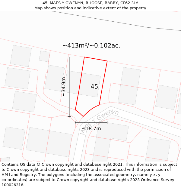 45, MAES Y GWENYN, RHOOSE, BARRY, CF62 3LA: Plot and title map