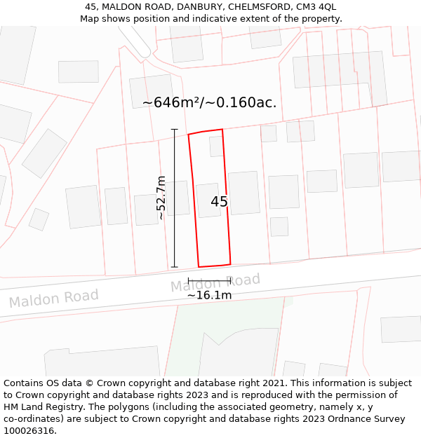 45, MALDON ROAD, DANBURY, CHELMSFORD, CM3 4QL: Plot and title map