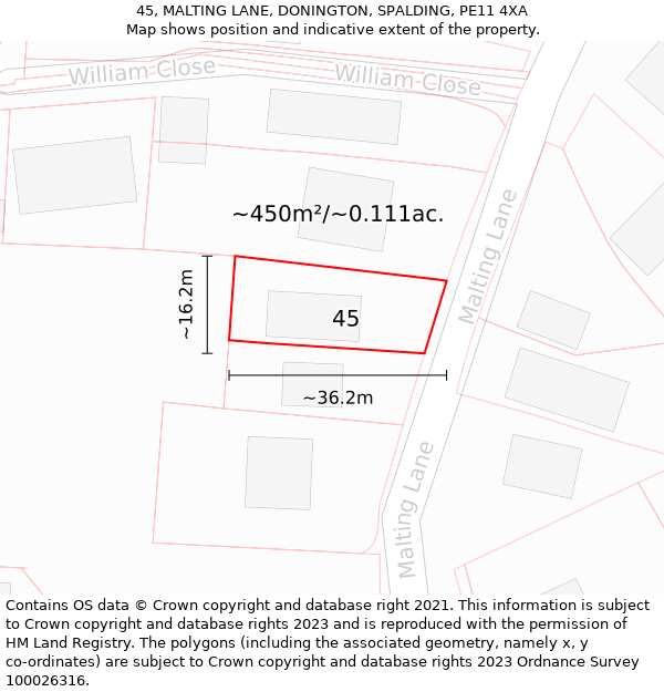 45, MALTING LANE, DONINGTON, SPALDING, PE11 4XA: Plot and title map