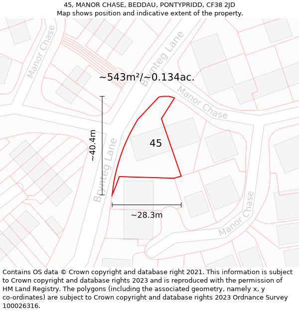 45, MANOR CHASE, BEDDAU, PONTYPRIDD, CF38 2JD: Plot and title map