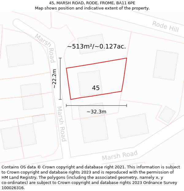 45, MARSH ROAD, RODE, FROME, BA11 6PE: Plot and title map